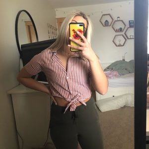 Zaful Pink and White Button Up Tie Top